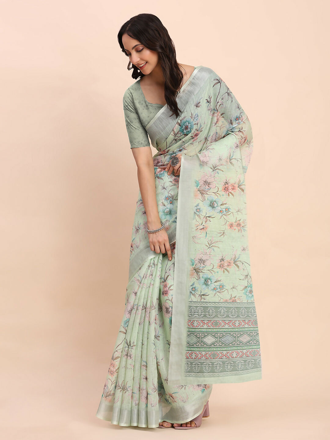 Shree Shyam Fashion Linen Cotton Light Green Saree