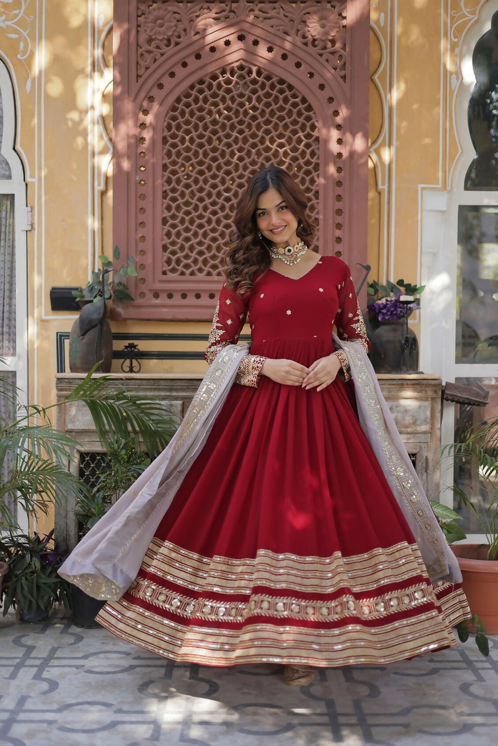 Joban Fashion Red Georgette Sequence Embroidery Work Kurta Set