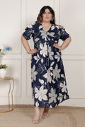 Miravan Womens Plus Size Blue Flower Printed Puff Sleeve Cotton Butterfly Maxi Dress