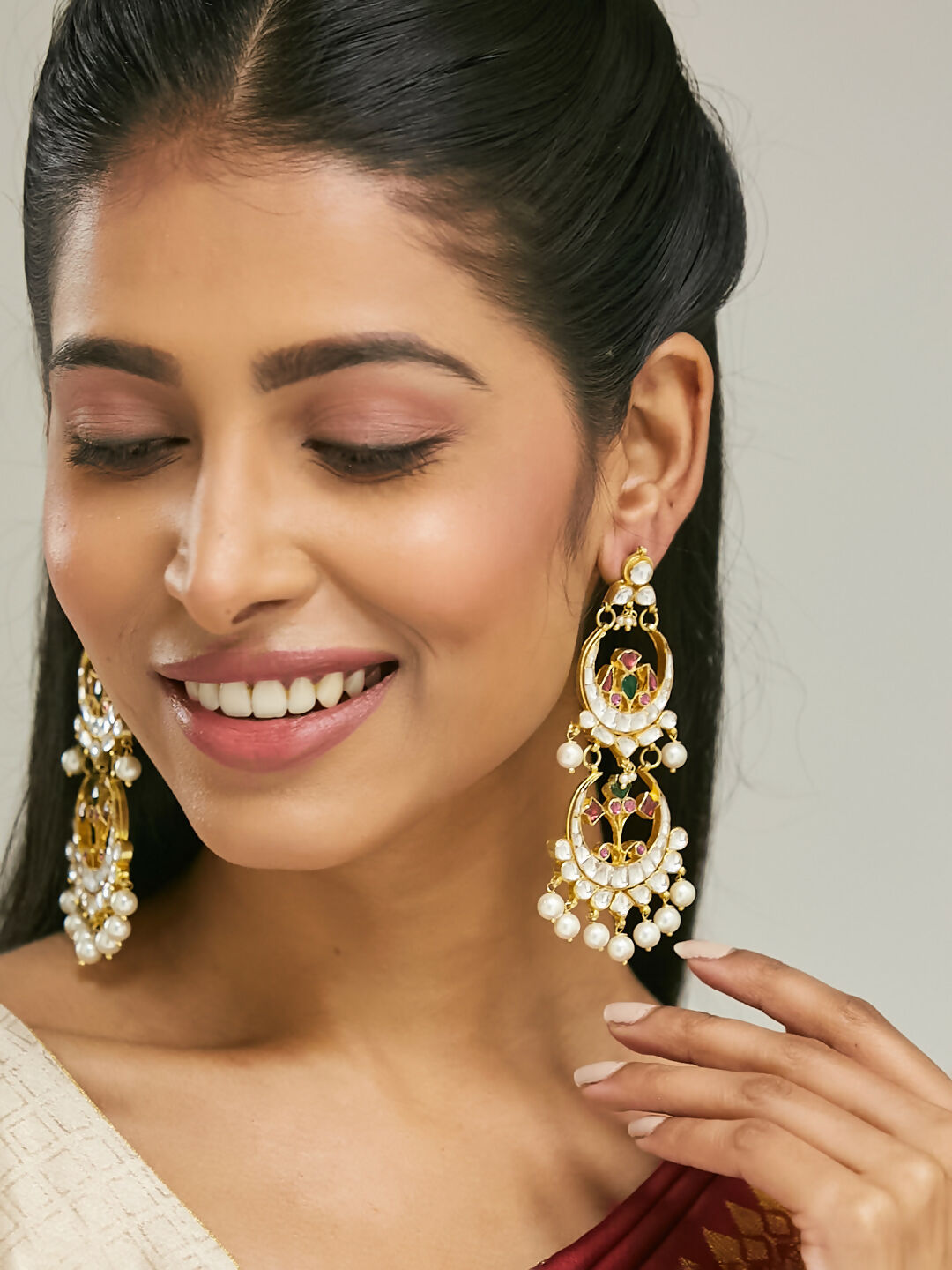 Nuyug 22K Gold-Plated Kundan Studded & Pearl Beaded Layered Chandbalis