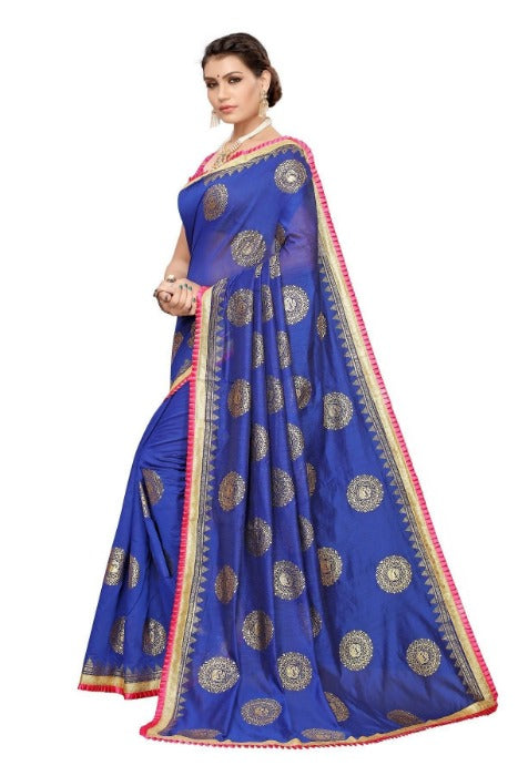 Vamika Chanderi Cotton Foil Print Blue Saree (GOLDEN BIRD BLUE)
