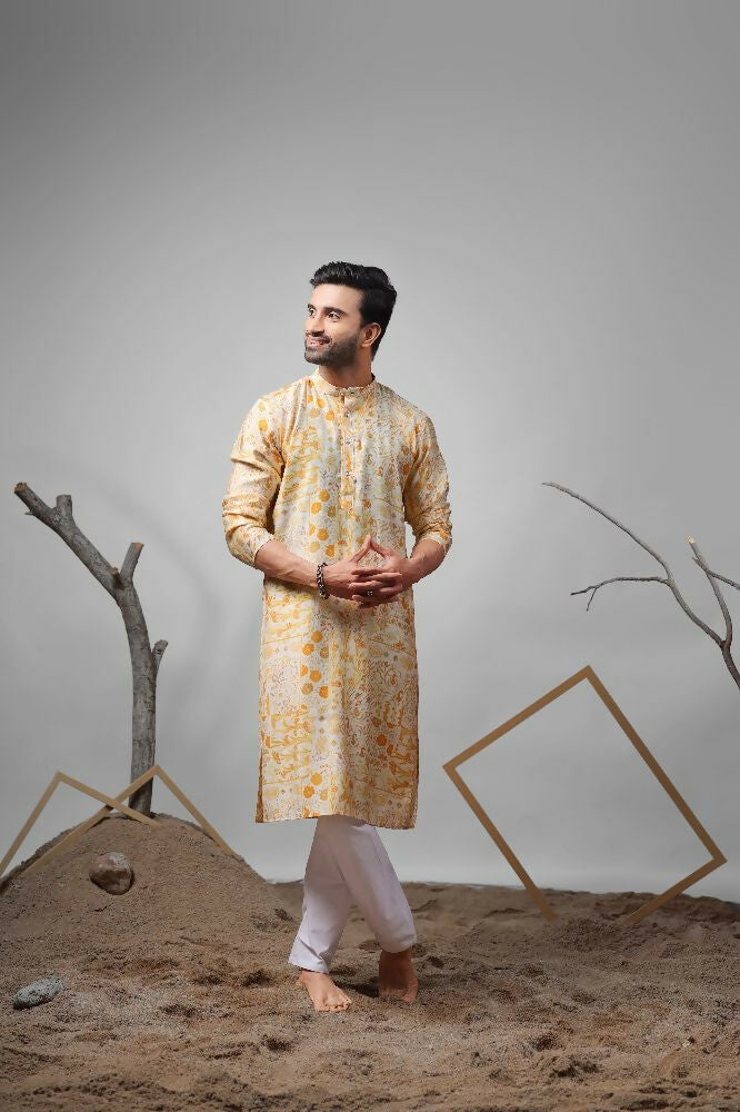 Yellow Modal Silk Designer Printed Kurta Set - Mahotsav