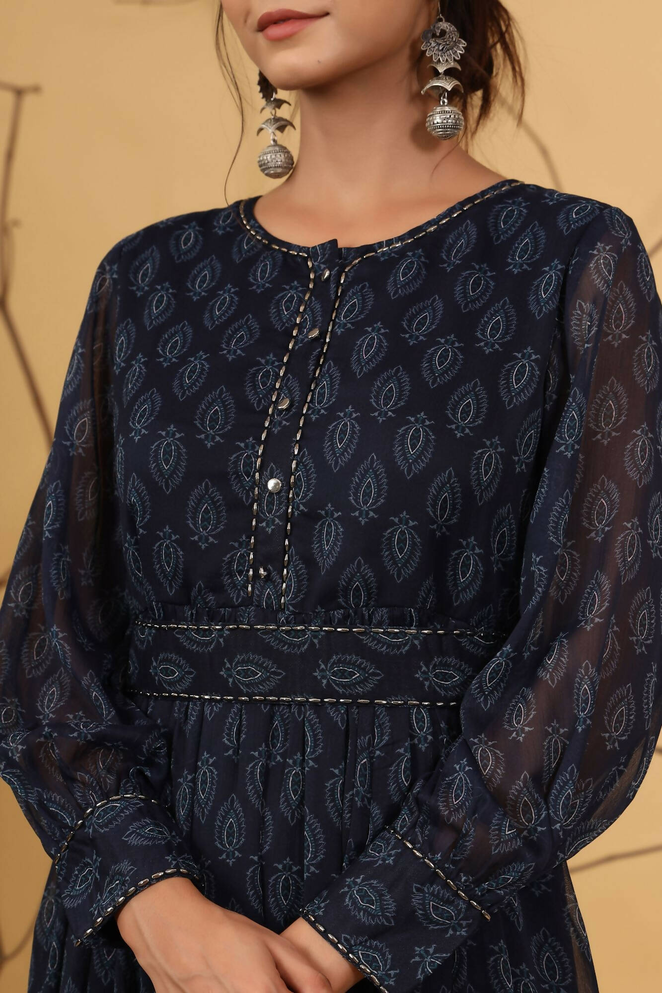 Juniper Women Navy Chiffon Printed Flared Dress