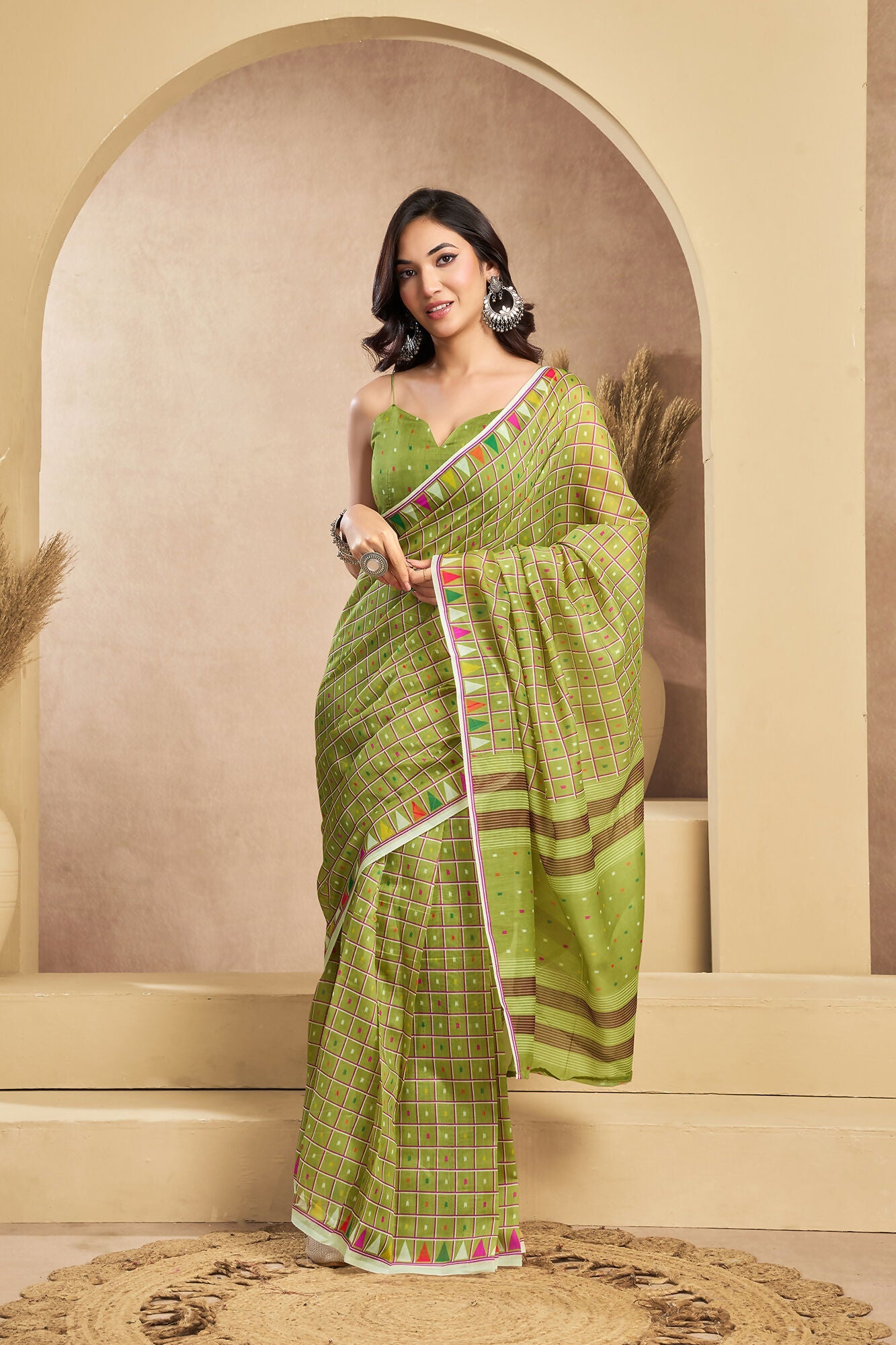 Vastranavya Mehendi Digital Printed Linen Ready To Wear Designer Saree with Unstitched Blouse