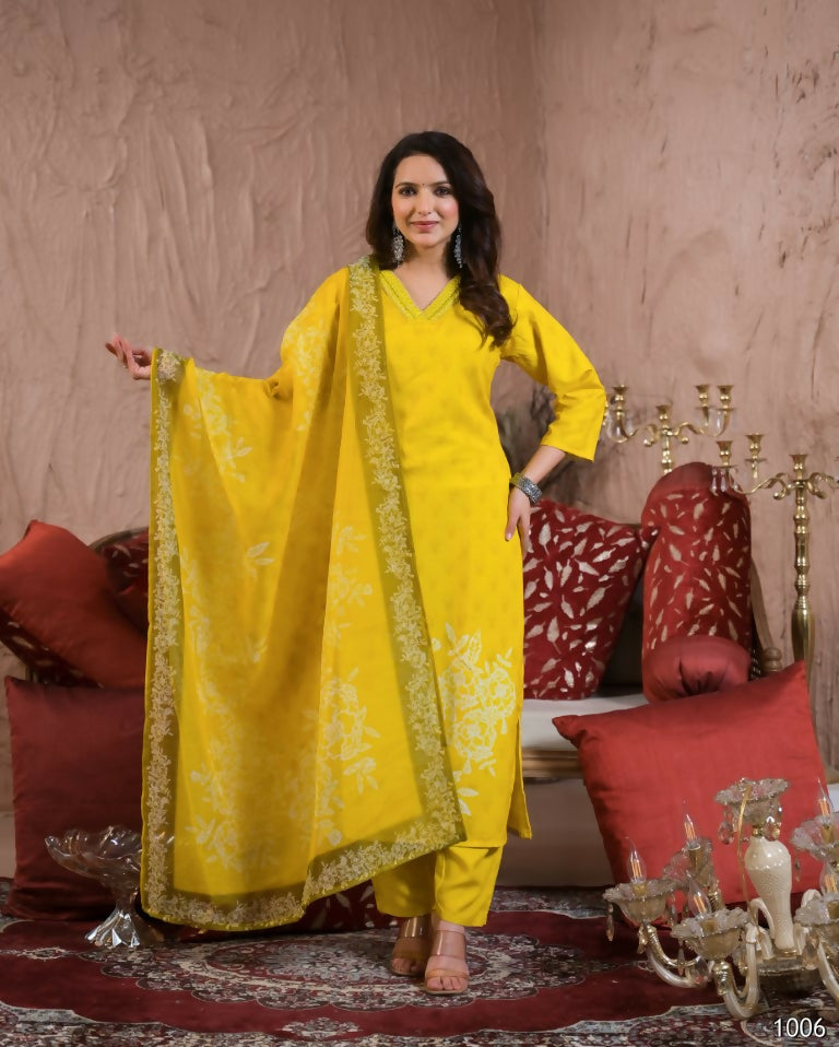 Festive Ethnic Viscose Chanderi Yellow Stitched Suit With Dupatta - Rashmika