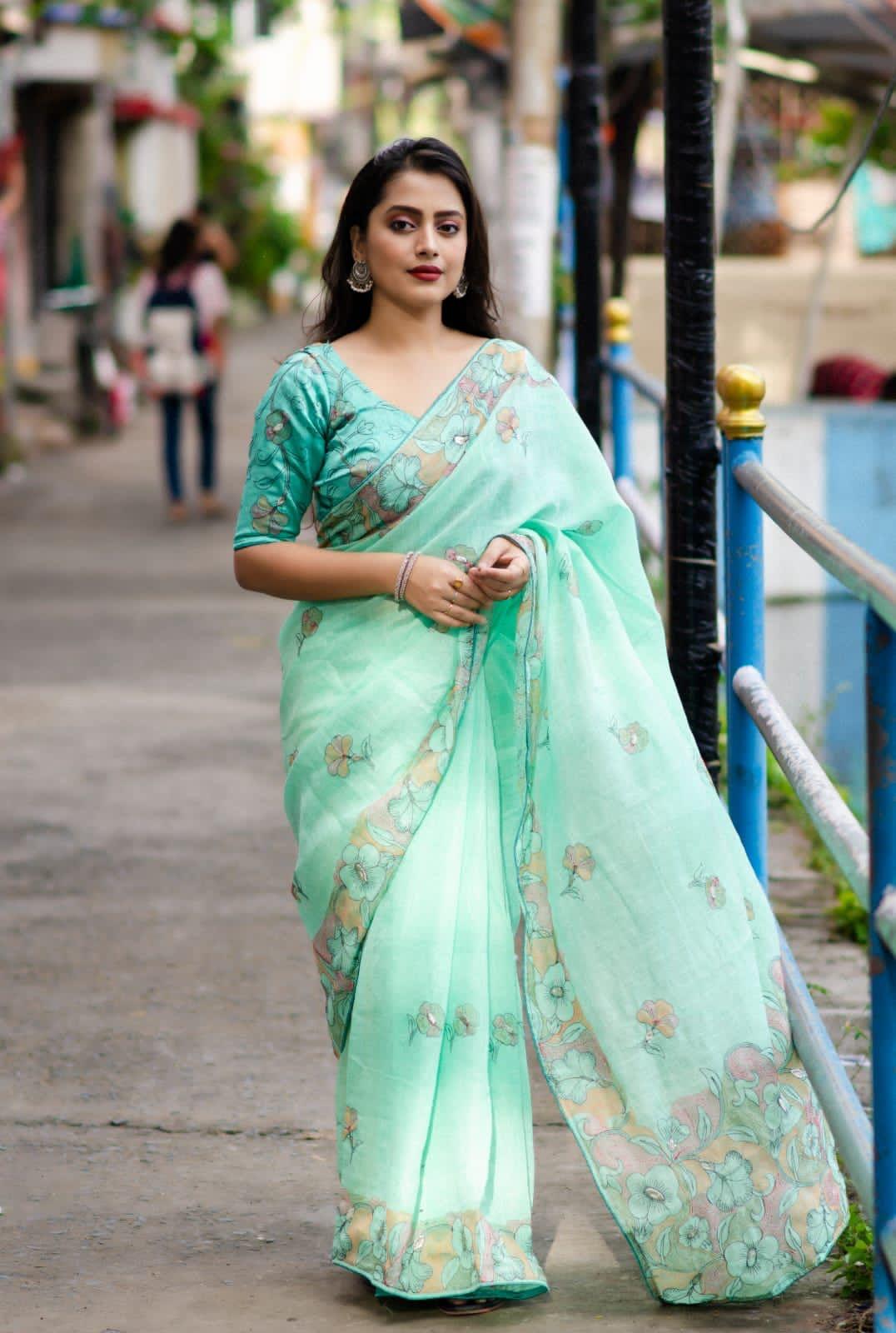 SeaGreen Pure Linen Ethnic Motifs Saree with Unstitched Blouse - Hiral Fashion
