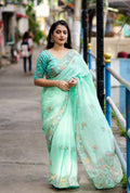 Seagreen Pure Linen Ethnic Motifs Saree with Unstitched Blouse - A2M