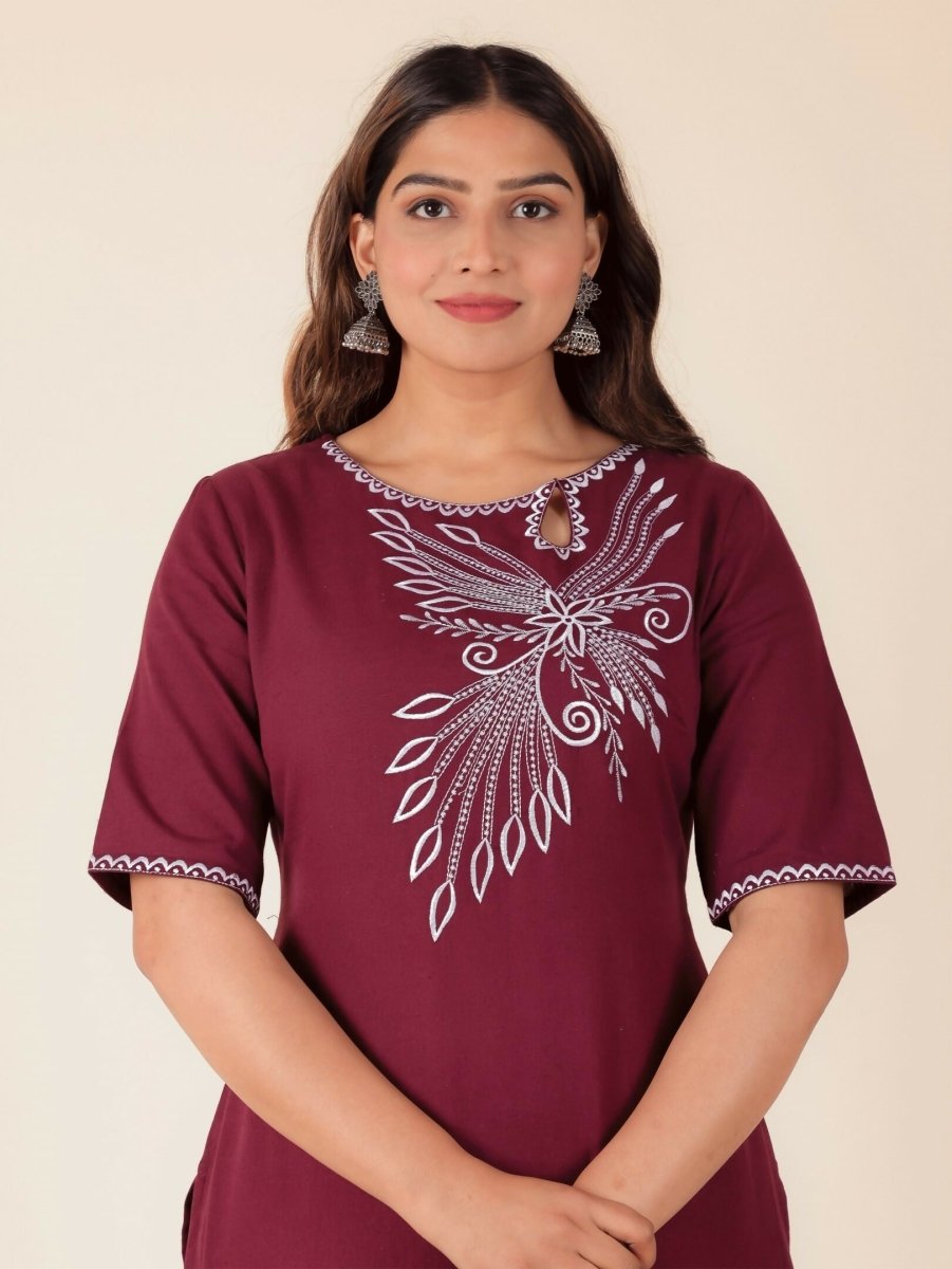 Aramya Maroon Linen Cotton Solid Print Straight Kurta Set for Women