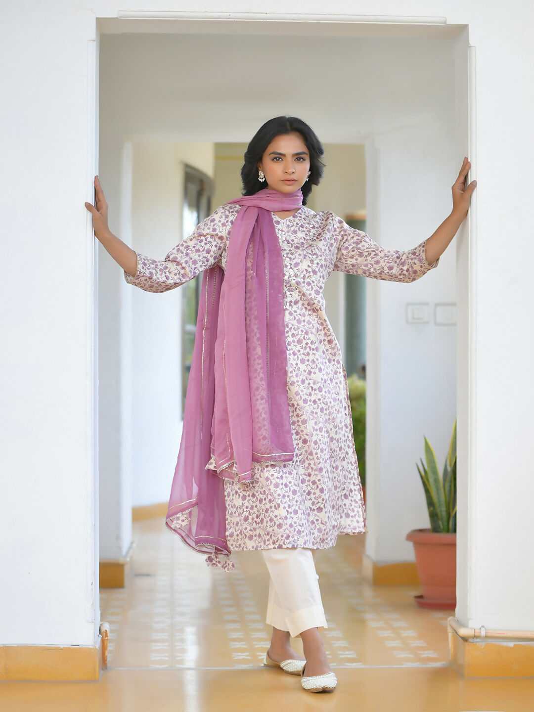 Vaasva Women's Grape Cream Cotton Foil Printedembroidered Suit Set