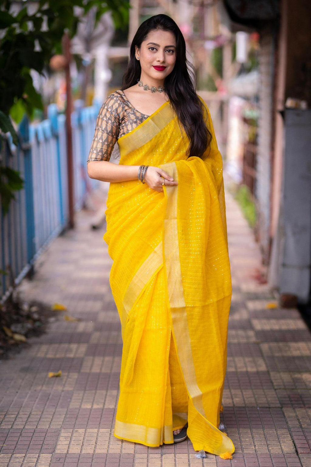 Mustard Linen Sequence Saree with Unstitched Blouse - Hiral Fashion