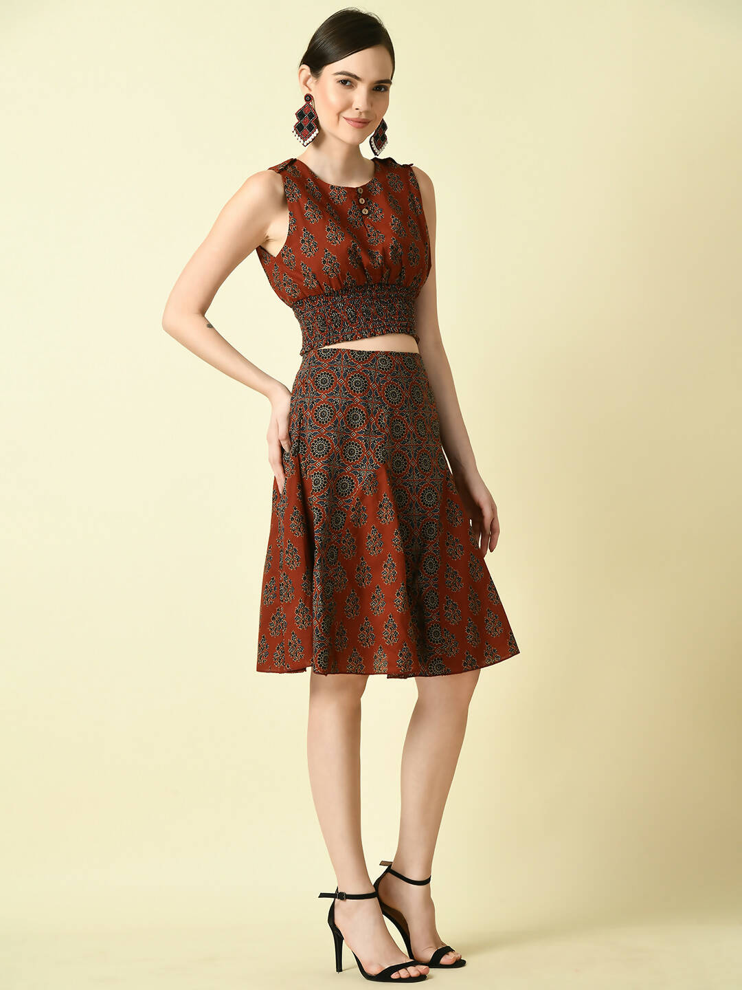 Myshka Women's Rust Pure Cotton Printed Flared Skirt