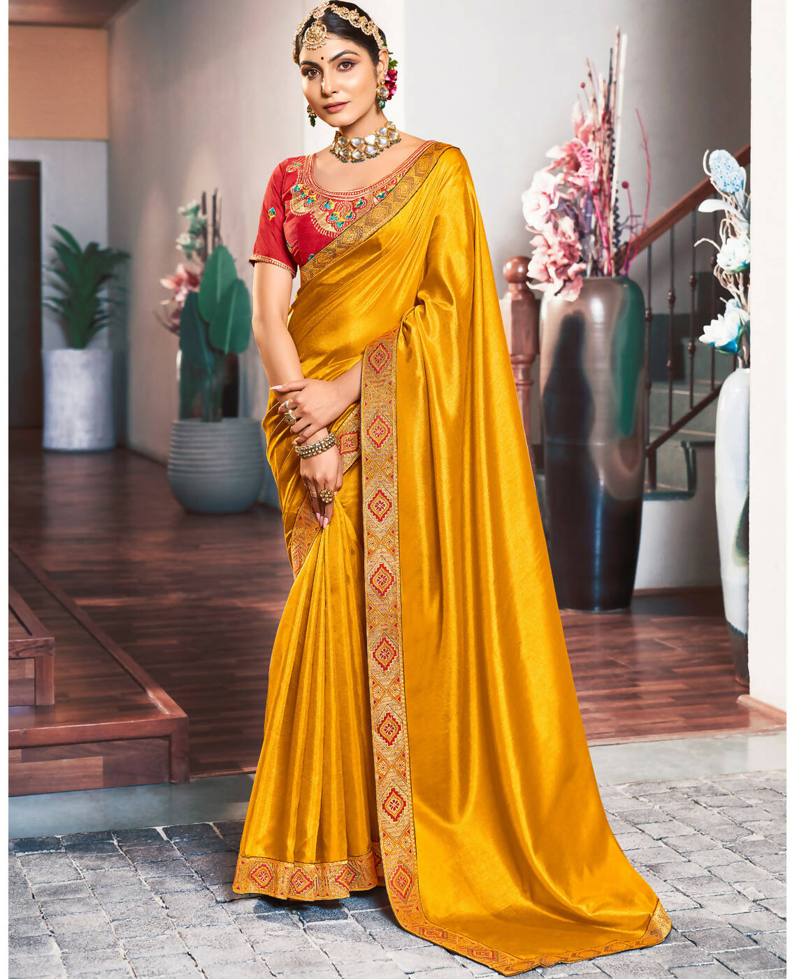 Mustard Solid Vichitra Saree With Unstitched Blouse Piece - Selena