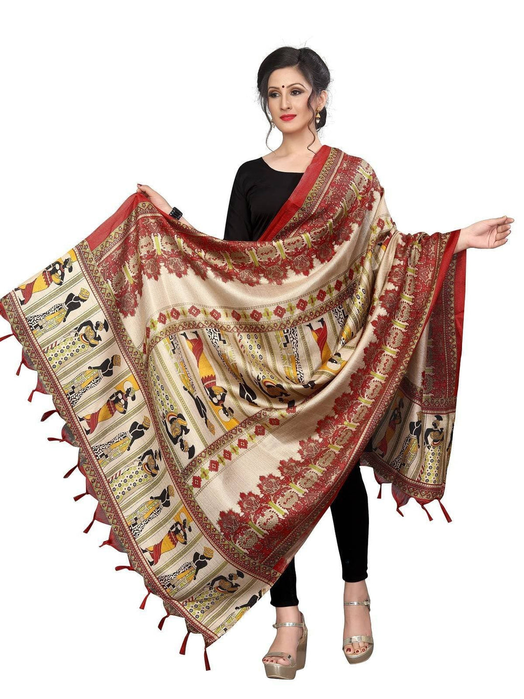 Vamika Latest Multi Colour Red Printed Khadi Bhagalpuri Dupatta