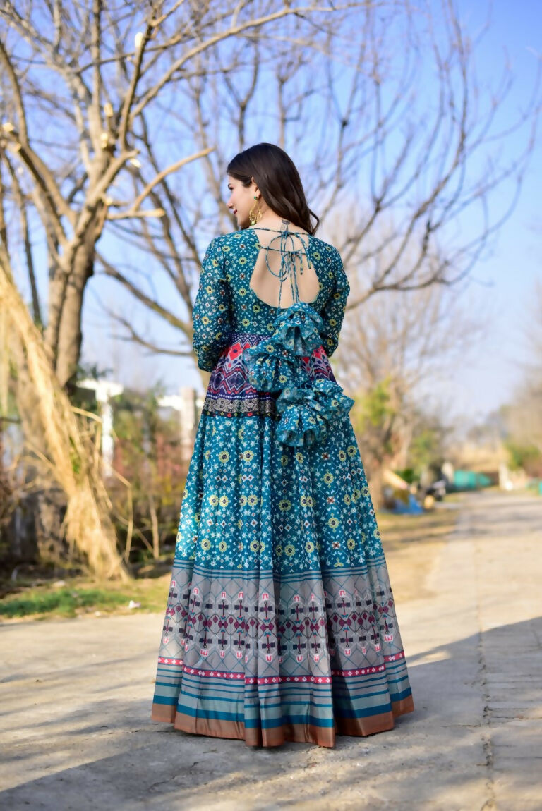 Jyoti Fashion Women's Blue Heavy Digital Printed Cotton Silk Anarkali Dress