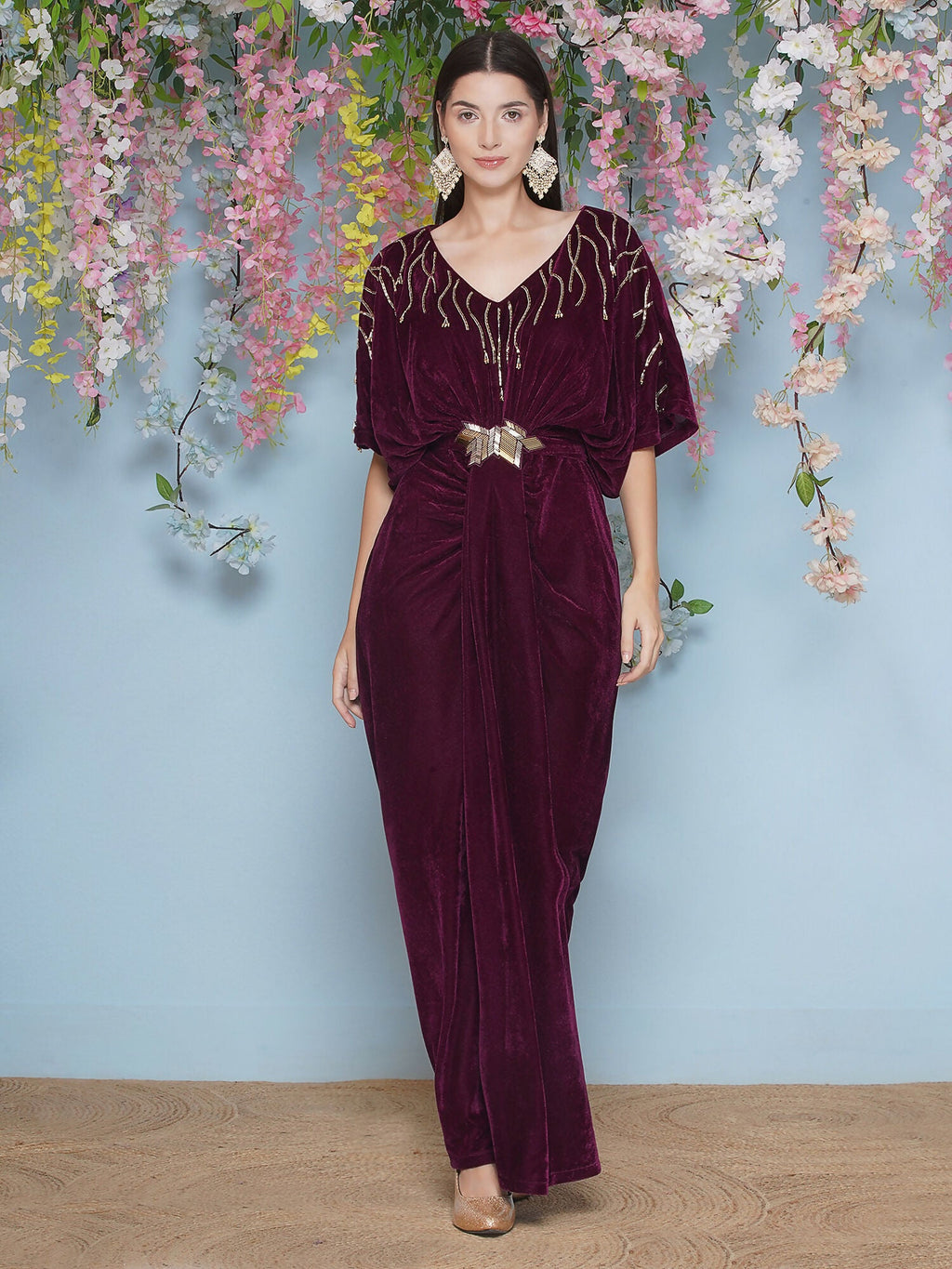 Joban Fashion Wine Hand Embellished Velvet Gown With Belt