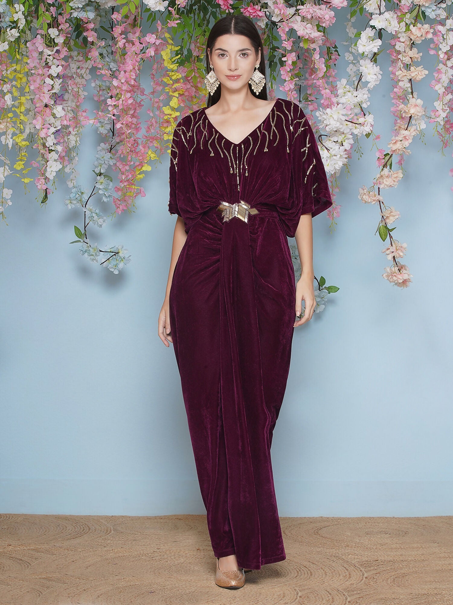 Joban Fashion Wine Hand Embellished Velvet Gown With Belt