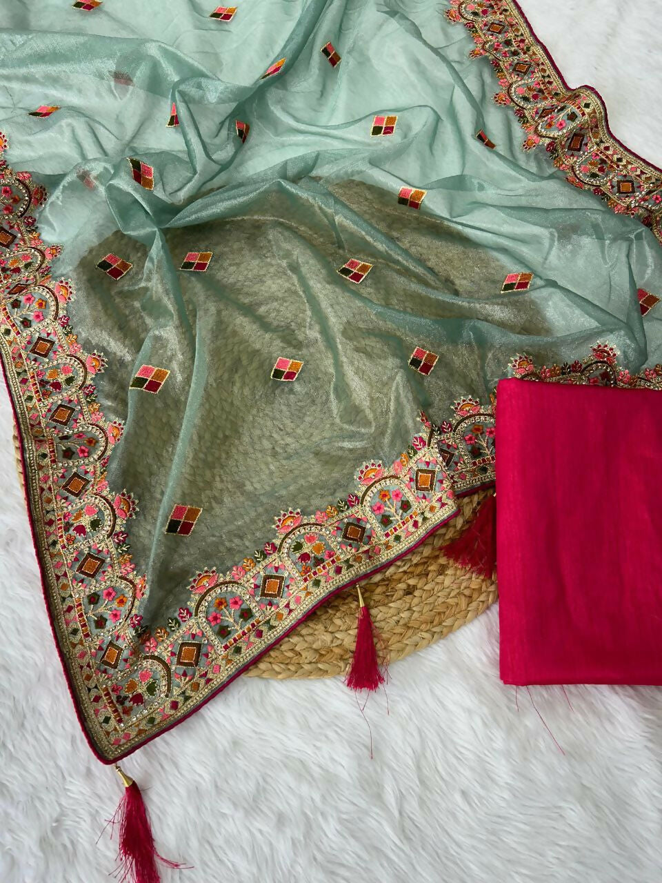 Vastranavya Twill Net Designer Embroidery & Colour Thread & Diamond work Saree with Blouse Material - Sky Blue