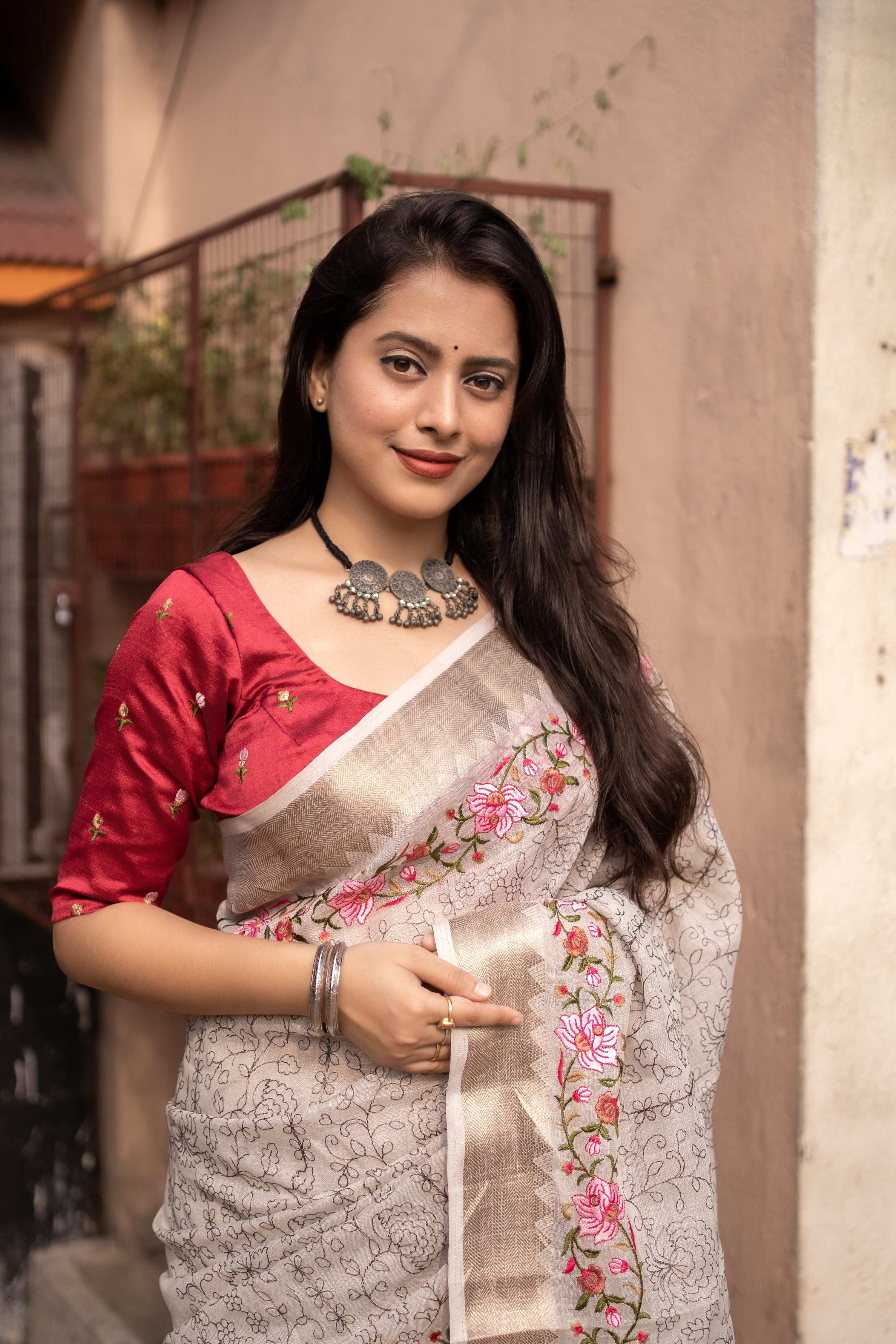 Grey Pure Linen Woven Design Saree with Unstitched Blouse - Hiral Fashion