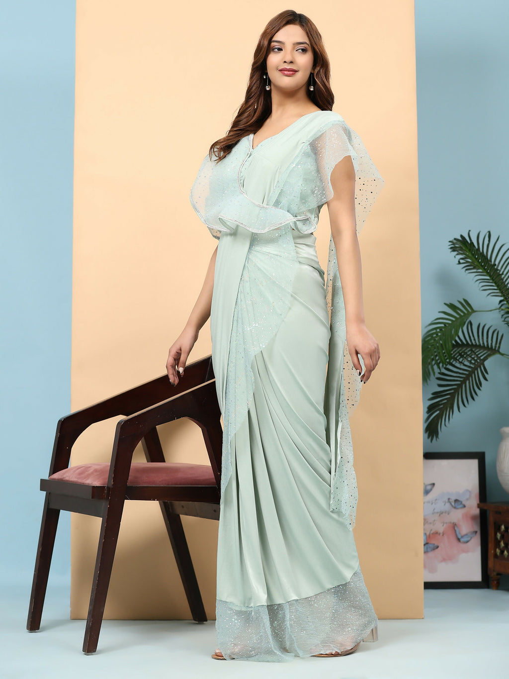 Light Blue Lycra Solid Ready to Wear Saree with stitched Blouse - Nita