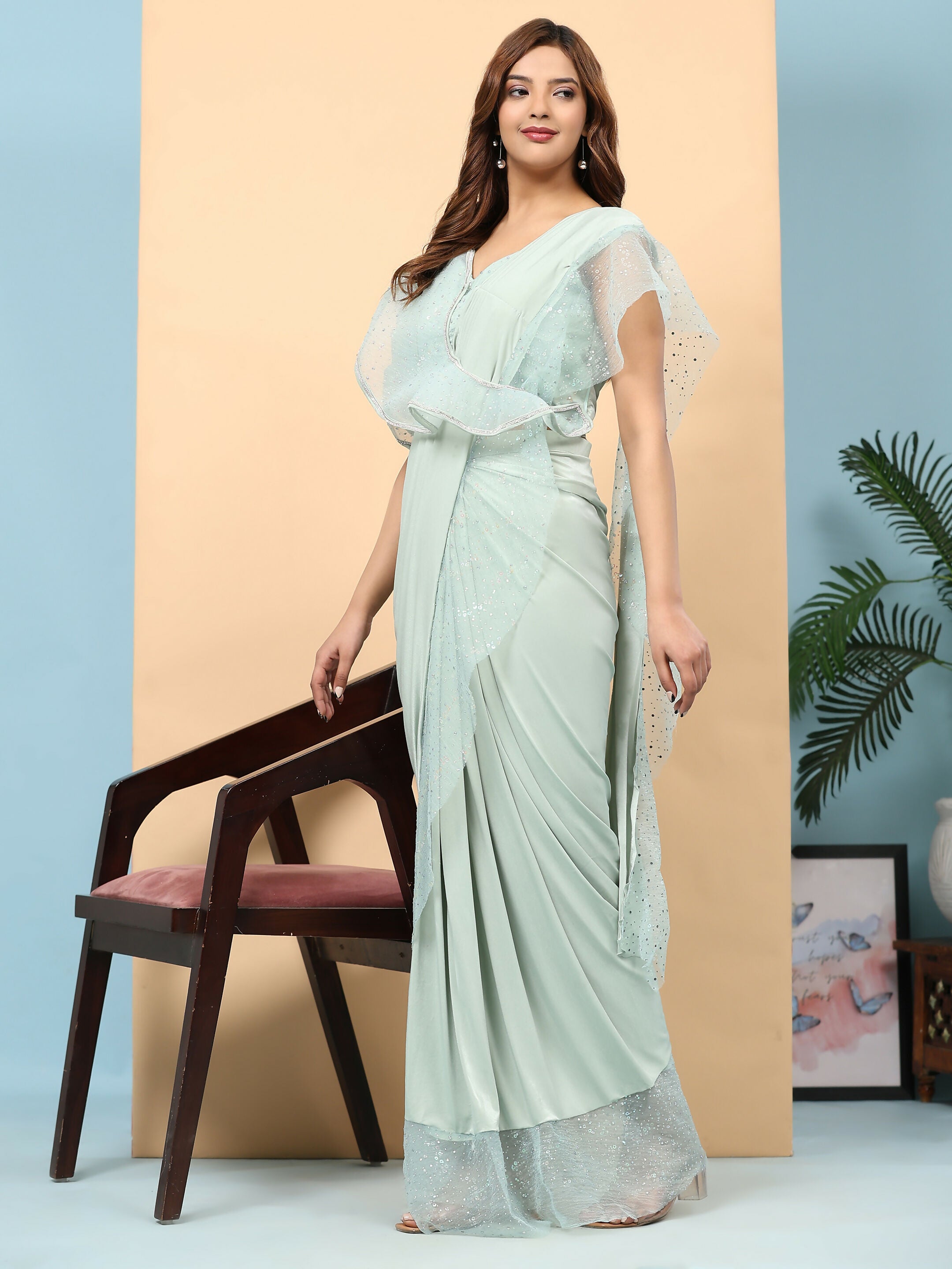 Light Blue Lycra Solid Ready to Wear Saree with stitched Blouse - Nita