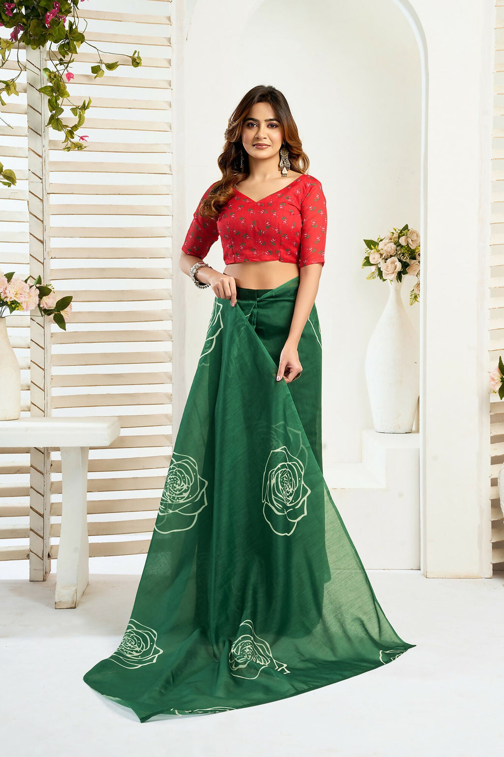 Vastranavya Green Digital Printed Linen Ready To Wear Designer Saree with Unstitched Blouse