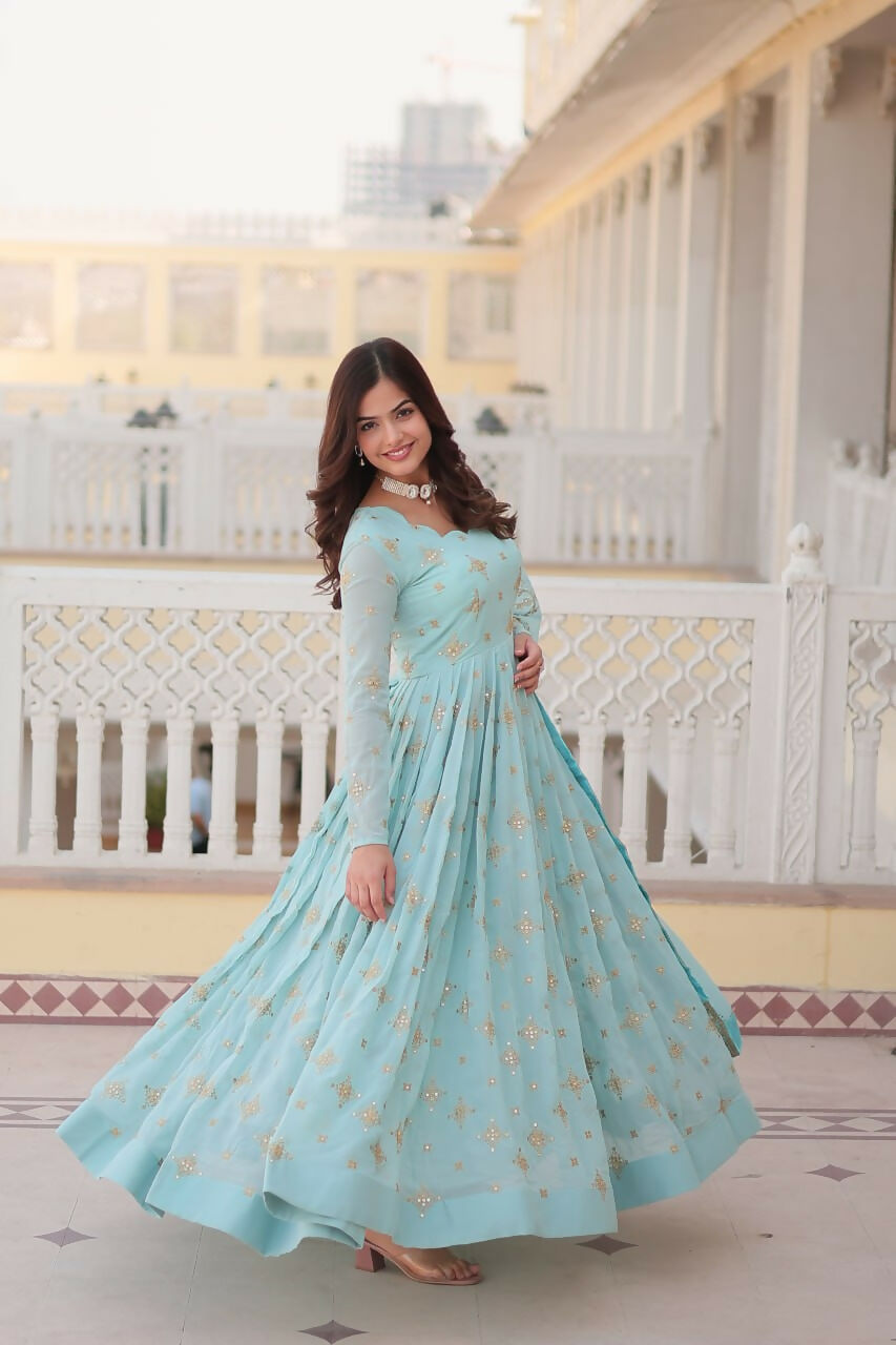Vastranavya Faux Georgette with Zari & Sequins Embroidery Work Gown with Dupatta - Turquoise
