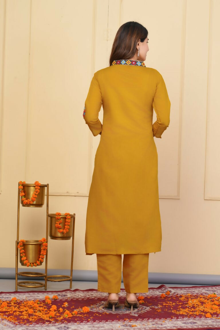 Mustered Viscose Chanderi Embroidered Stitched Suit With Dupatta - Tanisha