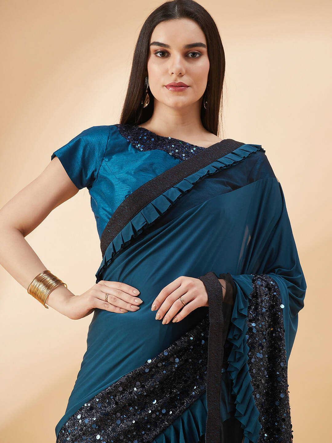 Peacock Blue Lycra Sequins Fabric. Frill Details, Handwork Buttis Saree - Norita Hit Design