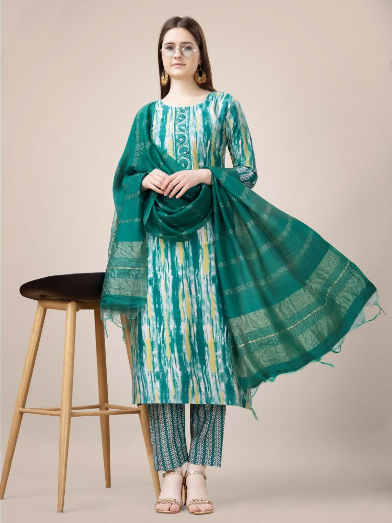 Jyoti Fashion Women's Teal Rayon Print with Embroidery & Fancy Lace Work Kurta with Trouser & Dupatta