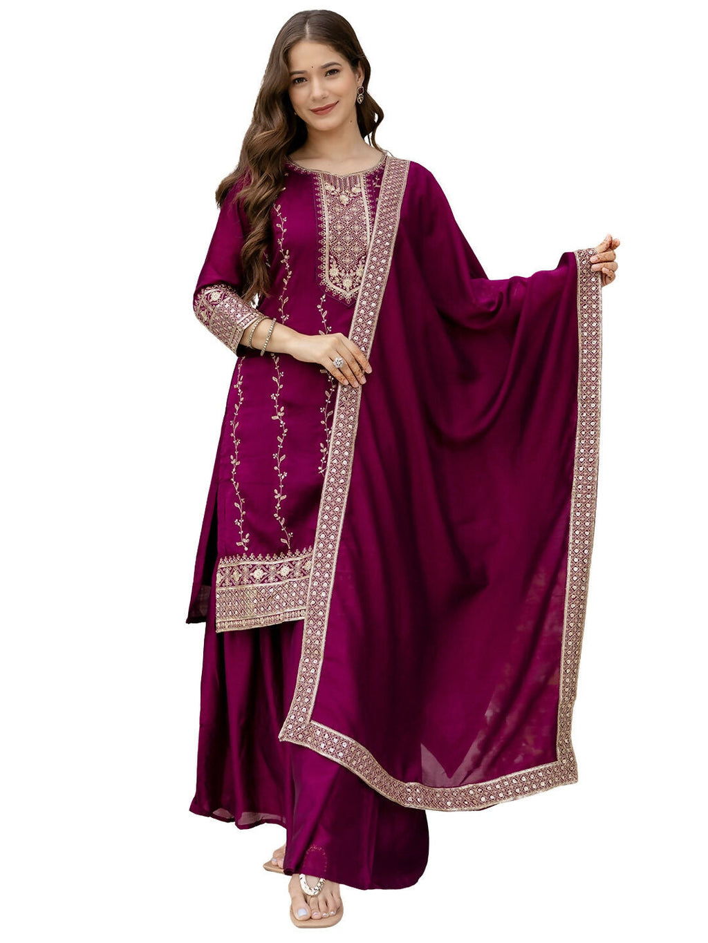 The52 Wine Beautiful Embroidered Vichitra Silk Fabric Straight Kurta, Palazzo and Dupatta Set