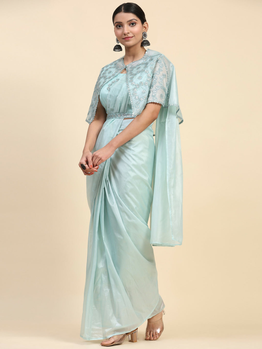 Blue Satin Solid Ready to wear Saree with stitched Blouse - Vanita