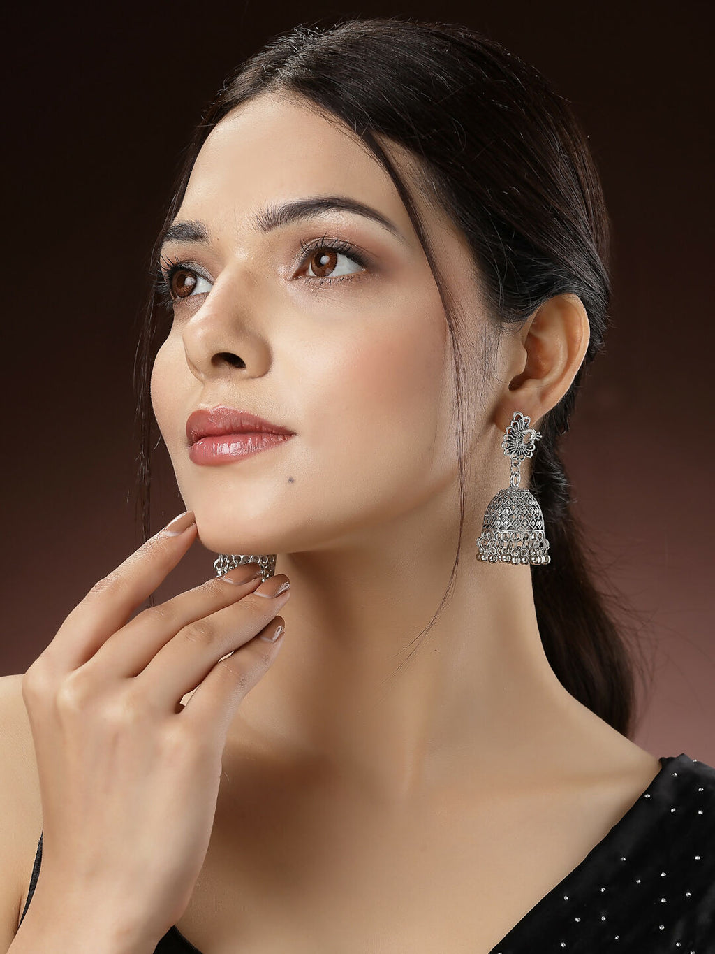 NVR Women's Silver-Toned Peacock Design German Silver Oxidised Dome Shaped Jhumka Earrings