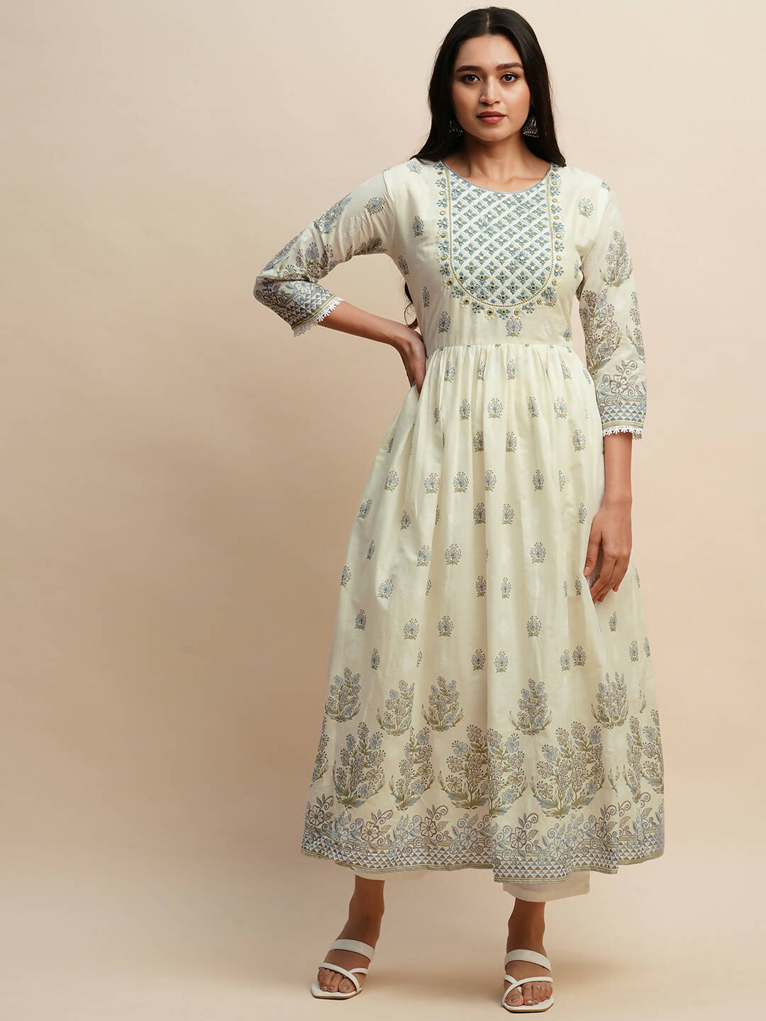 White And Blue Pure Cotton Floral Printed Anarkali Kurta And Bottom With Dupatta - Akashara