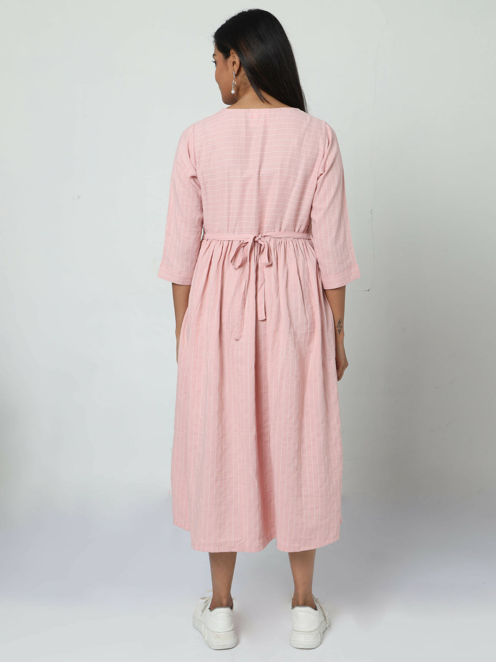 Manet Three Fourth Maternity Dress Striped With Concealed Zipper Nursing Access - Baby Pink