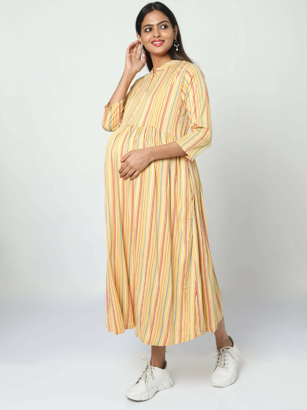 Manet Three Fourth Maternity Dress Striped With Concealed Zipper Nursing Access - Yellow