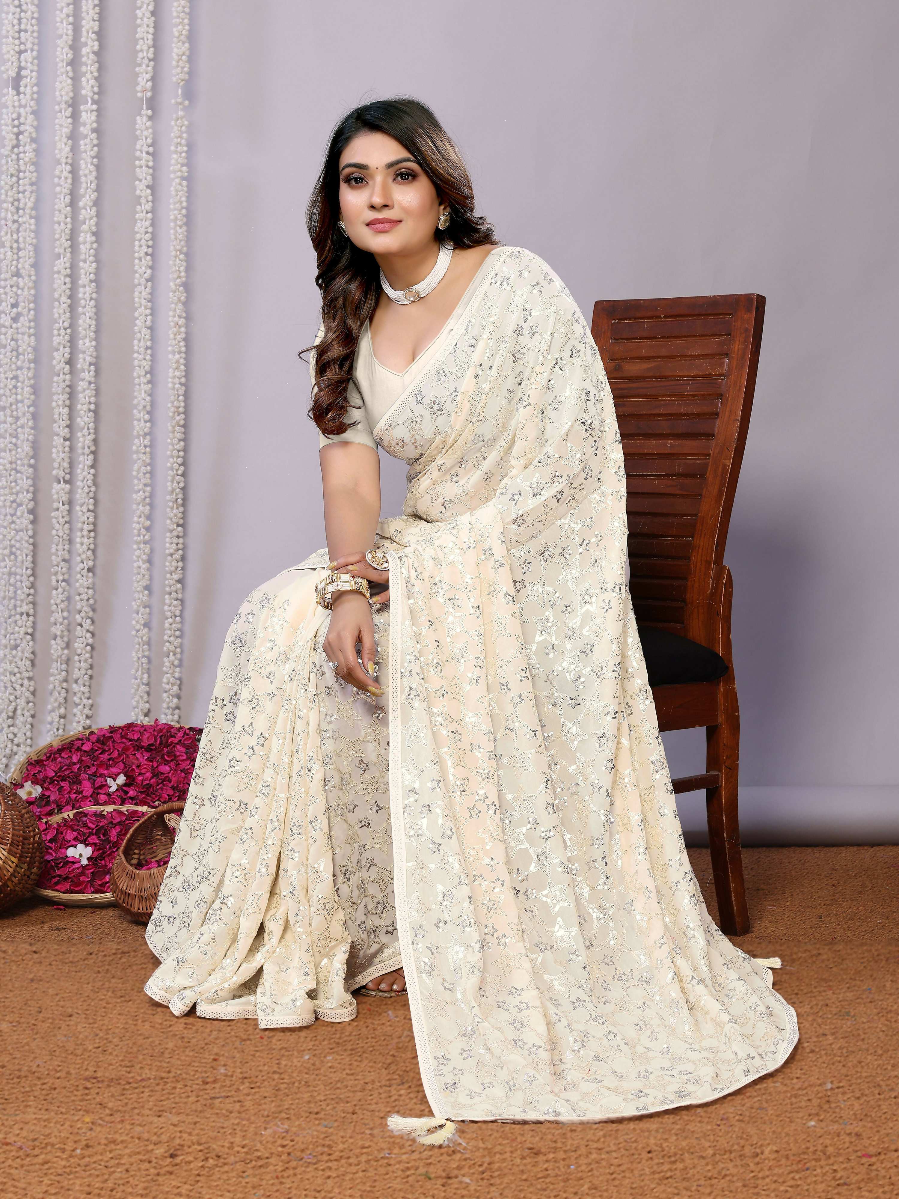 White Pure Georgette Embroidered Saree With Stitched Blouse - Nimaya Kaksha