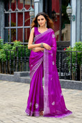 Vastranavya Purple Embroidery Work Shimmer Chiffon Saree with Unstitched Blouse