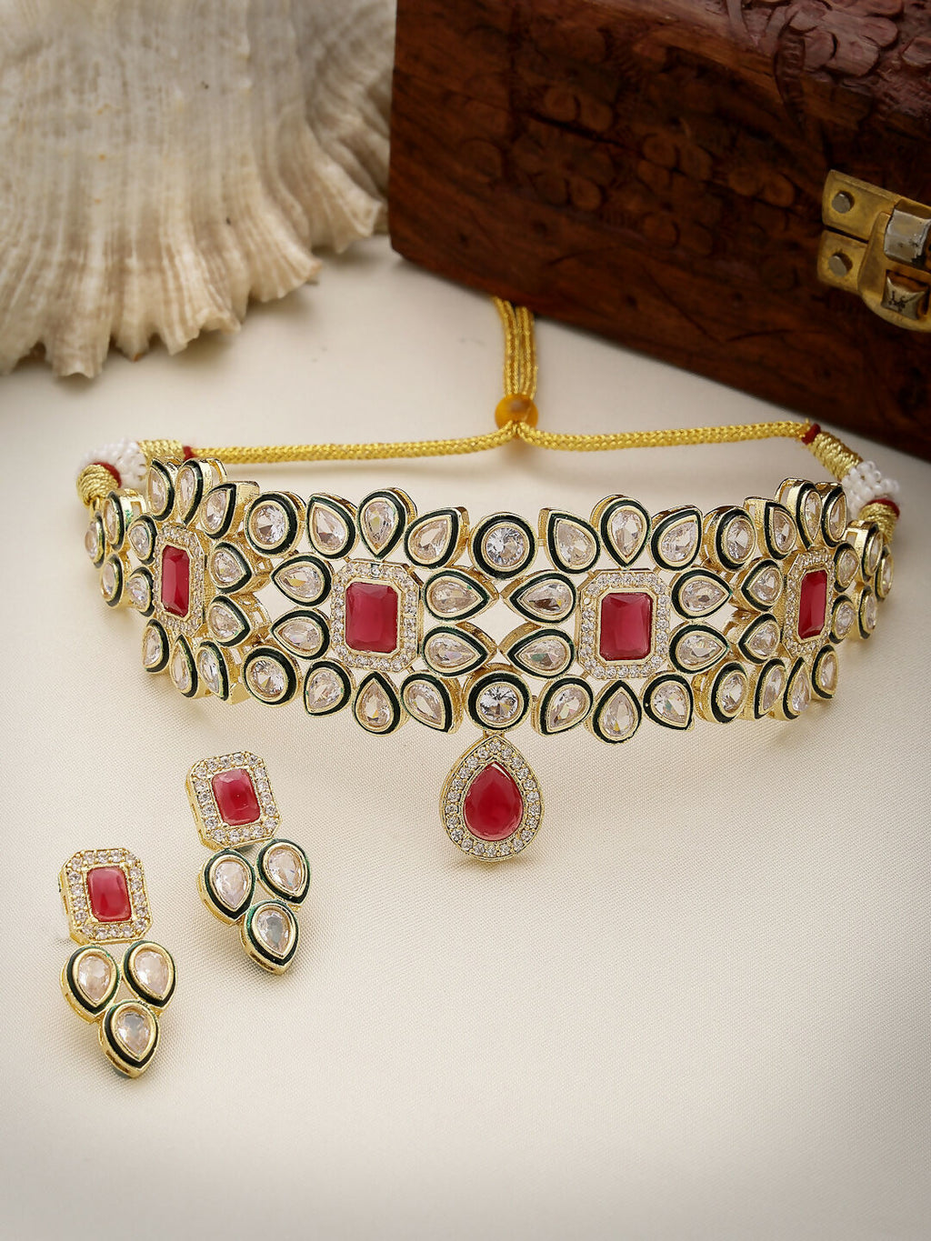 NVR Women's Set of 2 Red & Gold Kundan Studded Jewellery Set Choker & Long Necklace With Earrings