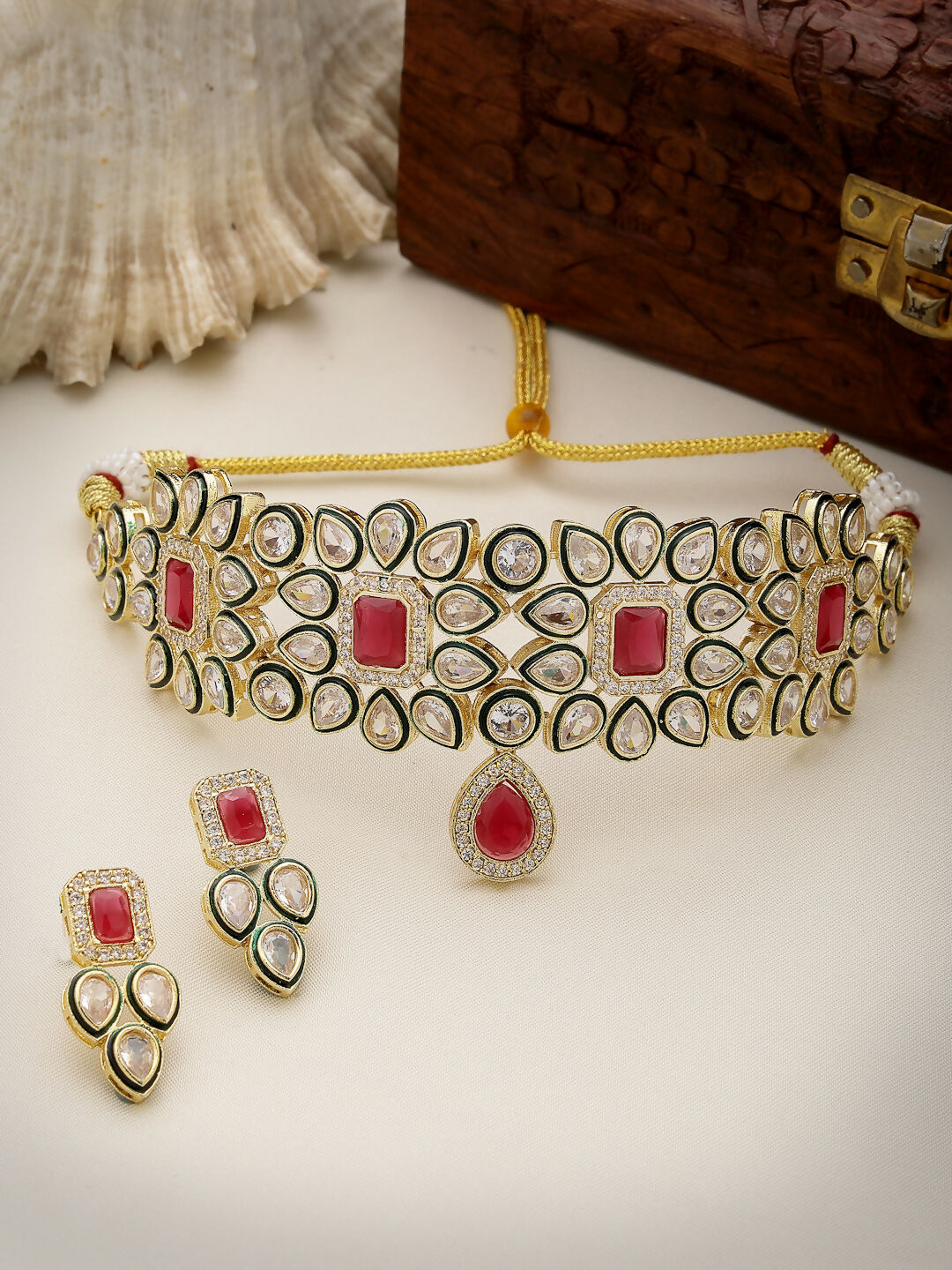 NVR Women's Set of 2 Red & Gold Kundan Studded Jewellery Set Choker & Long Necklace With Earrings