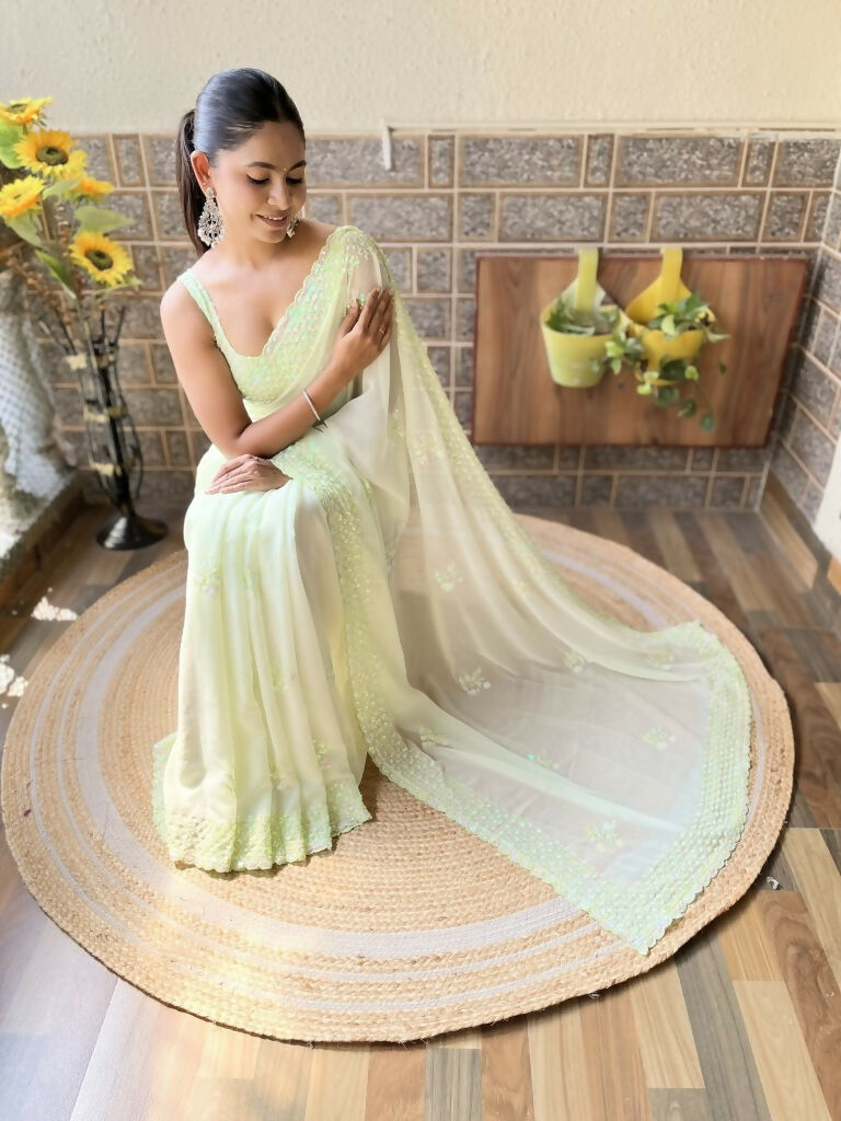 Green Georgette Sequence Embroidery Cut Work Saree - Saadia