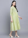 Myshka Women's Green Ethnic Motifs A-Line Midi Dress