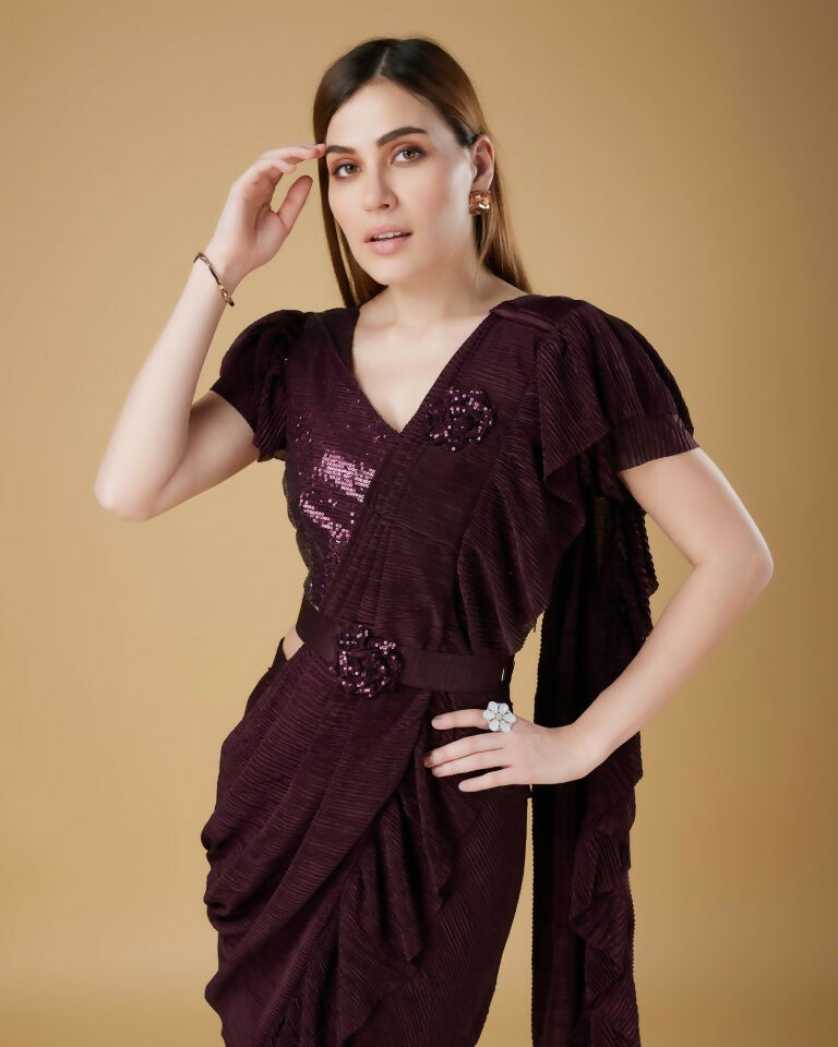 Wine Imported Crush Solid Ready to Wear Saree with stitched Blouse - Aayan