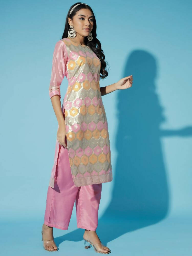 Myshka Women Pink Printed Kurta & Trousers With Dupatta
