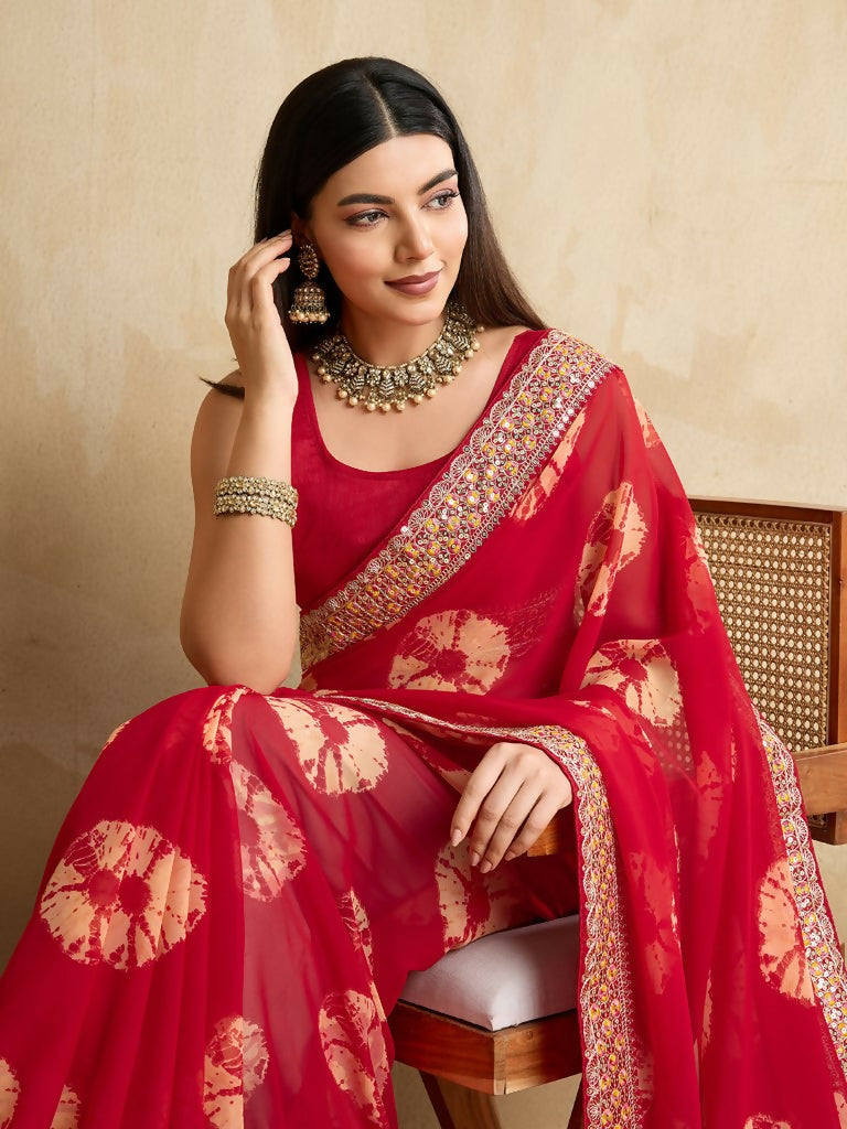 Red Georgette Printed Designer, Embroidery Work Lace Border Saree - Aarvi