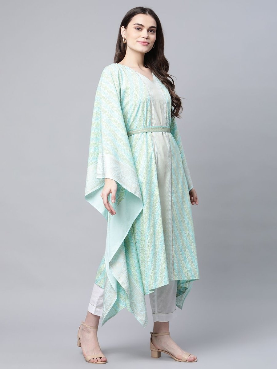 Ahalyaa Women Sea Green Crepe Printed Kaftan Kurta