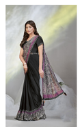 Black Crepe Satin Silk Designer Ready to wear saree with stithced Blouse - Mohmanthan Aura