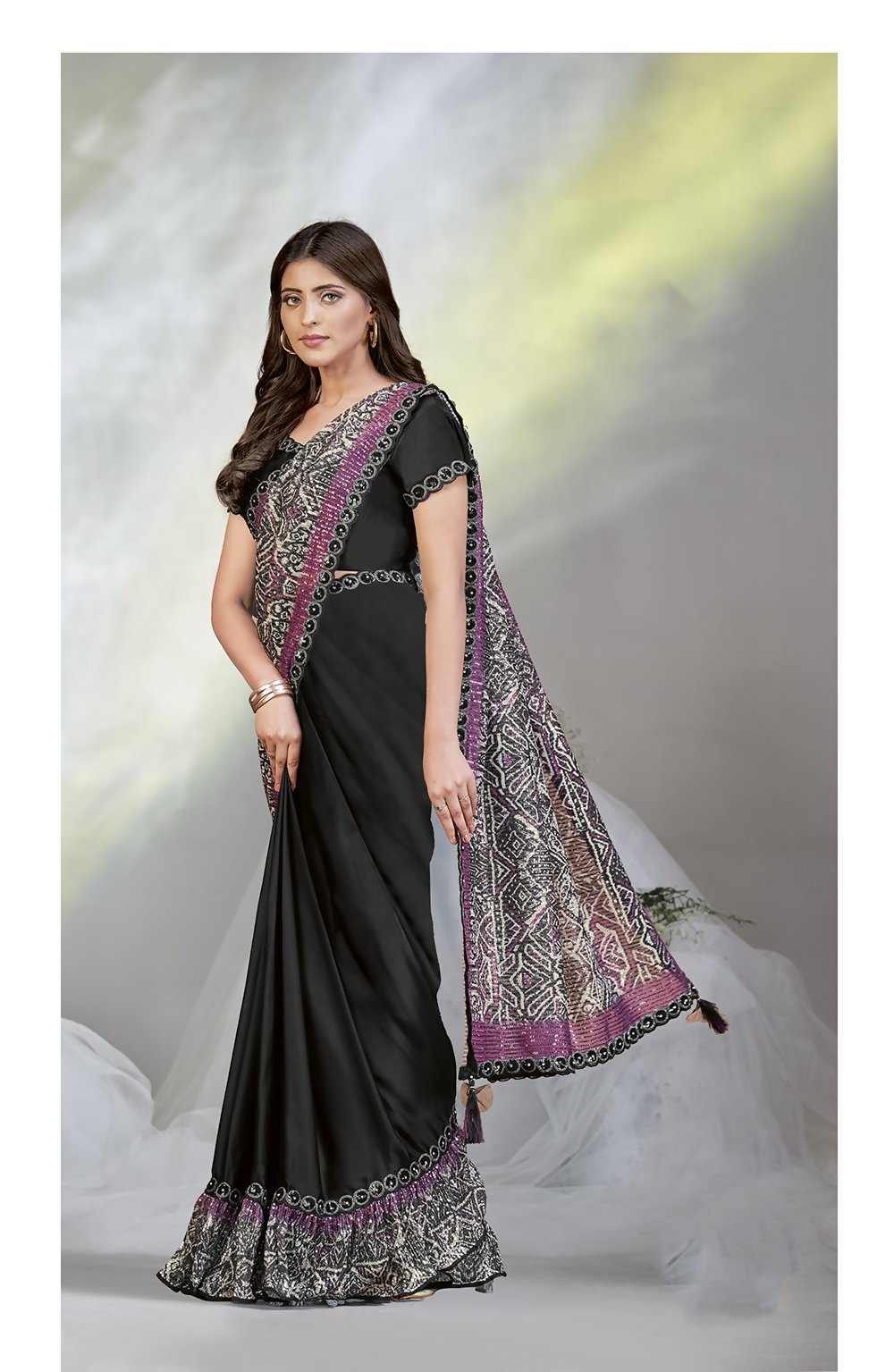 Black Crepe Satin Silk Designer Ready to wear saree with stithced Blouse - Mohmanthan Aura