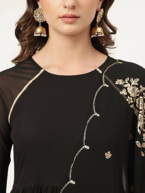 FIORRA Women's Black Poly Crepe Flared Kurta Pant With Dupatta