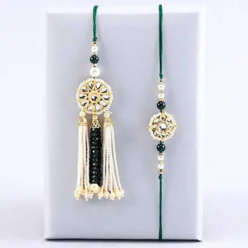 Jewel Design Lumba Rakhi Set & Kaju Katli Box