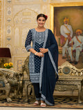 Juniper Women's Navy Ethnic Motif Printed Georgette Kurta Pant And Dupatta Set With Sequins & Beads